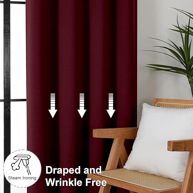 Simplebrand Ava Burgundy Blackout Curtains for Bedroom 72 Inch Length 2 Panels Set, Privacy Thermal Insulated Rod Pocket Window Curtains for Patio French Door Front Door, W40 x L72 Inch