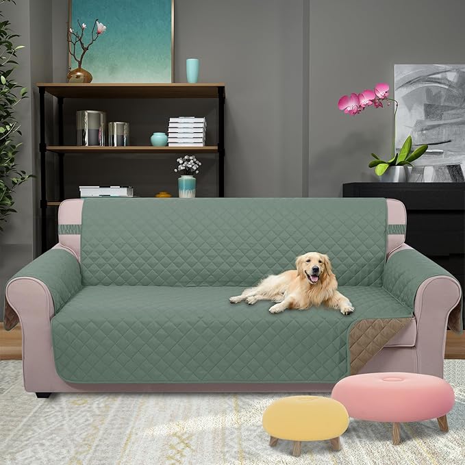 U-NICE HOME 4 Seater Sofa Cover 91 Inch Large Couch Covers for 4 Cushion Couch with Elastic Straps Water Resistant Furniture Protector Cover for Pets Cat (Sofa XX-Large, Greyish Green/Taupe)