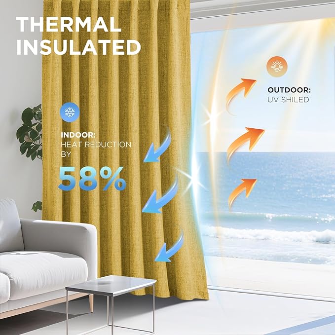 Joydeco Blackout Curtains for Bedroom - 100% Light Blocking 2 Panels Set Yellow Drapes 66"W x 108"L, Thermal Insulated Room Darkening Curtains, Linen Textured for Living Room, Rod Pocket & Back Tabs