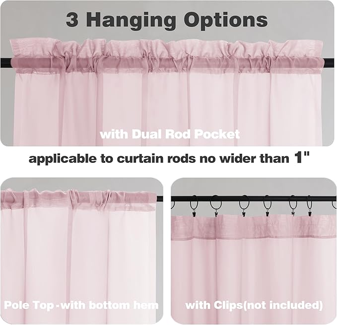 Chyhomenyc Blush Pink Sheer Valances for Windows - Light Filtering Small Kitchen Curtains, Rod Pocket Short Top Window Treatment Decor for Living Room Bathroom Basement, 42Wx16L inches, 2 Panels