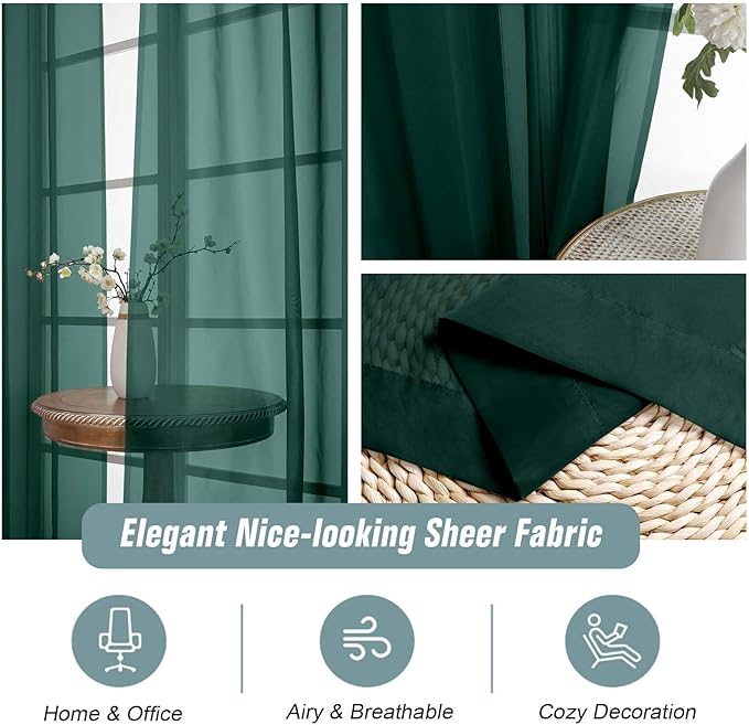 Green Sheer Curtains for Window 72 inches Long 2 Panels, Soft Airy Light Filtering Sheer Curtains for Christmas Decoration, Dual Rod Pocket Solid Window Drapes, Hunter Green, 2x42Wx72L inches