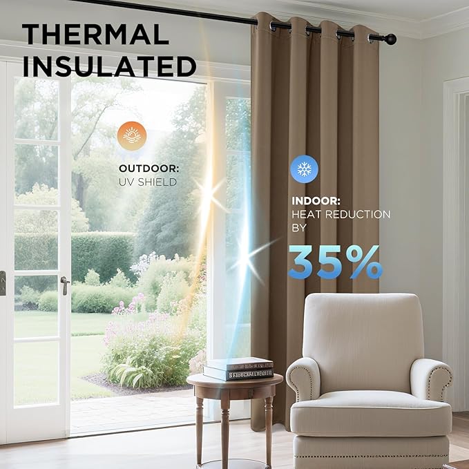 Joydeco Blackout Curtains 90 Inches Long 1 Panel, Thermal Insulated Long Curtains& Drapes 1 Piece, Room Darkening Grommet Drapes for Living Room Bedroom Window (W70 x L90 Inch, Khaki)