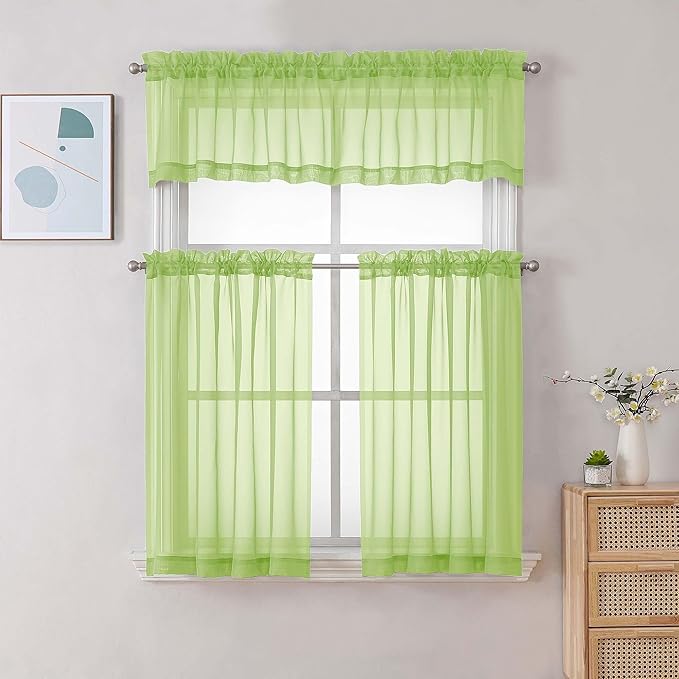 Chyhomenyc Sheer Valances for Windows, Light Filtering Small Window Curtains for Living Room Bathroom Cafe Laundry Basement, Modern Top Dual Rod Pocket Voile Curtain, 42Wx14L inches, Lime, 2 Pieces