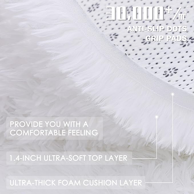 OLANLY White Round Rugs for Bedroom - Machine Washable, 5 ft Circle Area Rugs for Living Room, Soft and Fluffy Shaggy Carpet for Teen Girls and Boys, Nursery Rooms, Dorms, Home Decor Aesthetic