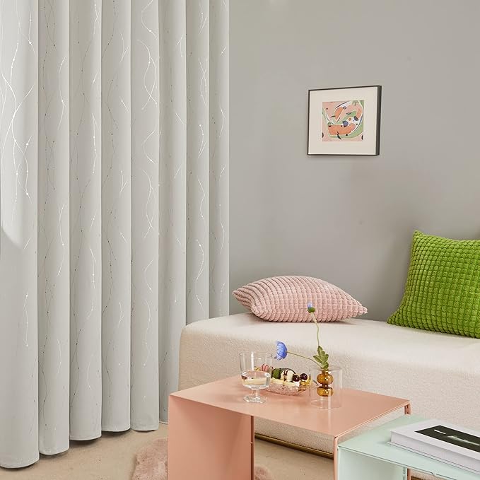 Deconovo Beige Blackout Curtains, Room Darkening Curtain, Thermal Insulated Soundproof Drapes, Silver Wave Dots Print, 38 x 90 Inch, Machine Washable Window Panels for Living Room Bedroom, Set of 2