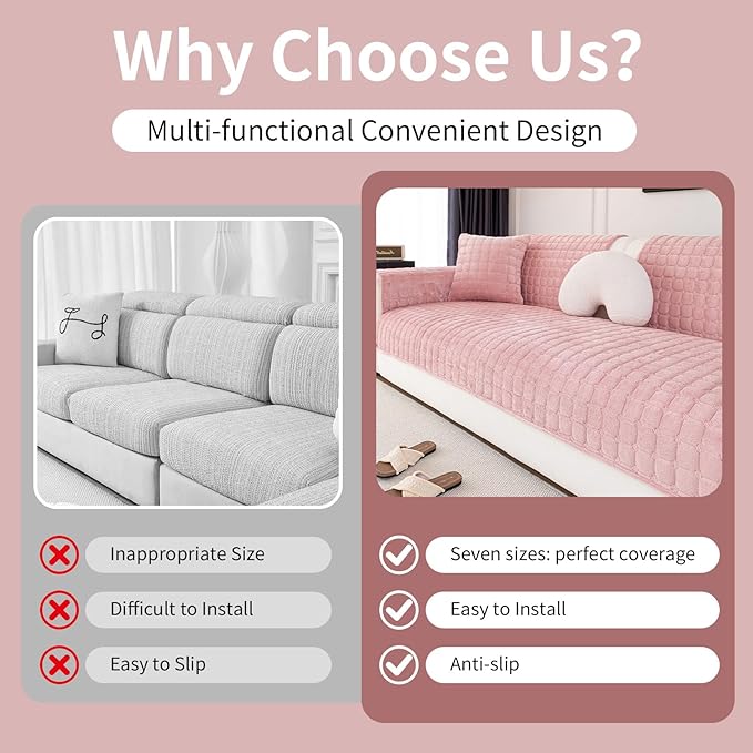 Velvet Couch Cover, Washable Sectional Sofa Cover, Anti Slip Sofa Slipcover for 3 Cushion Couch Sofa L Shaped Armrest Backrest, Furniture Protector Covers for Pets Kids(1PC,Pink,36"×47")