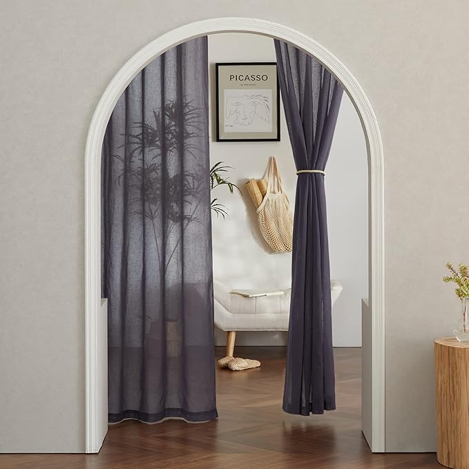 NICETOWN Faux Flax Linen Sheer Living Room Curtains, Grommet Elegant Semi Sheer Curtains Privacy Light Filtering Vertical Drapes for Kids Room/Daughter, W52 x L90, Purple Brown, 2 Panels