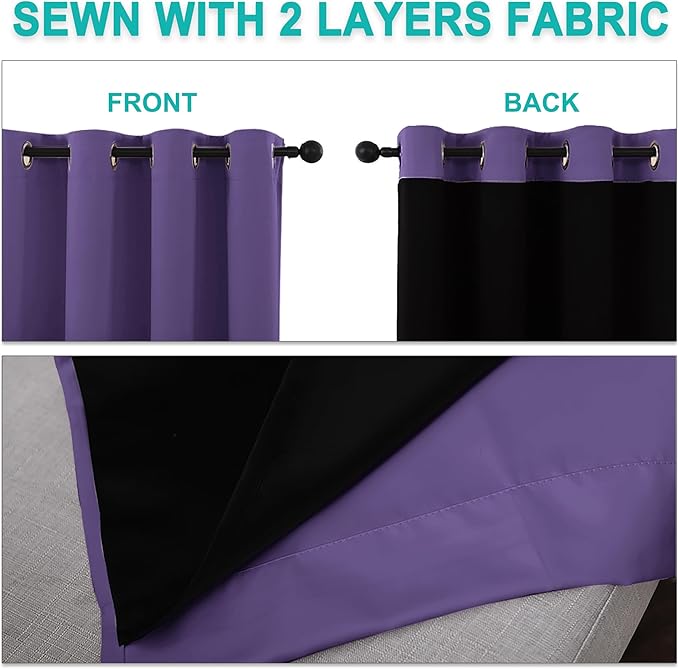 NICETOWN 100% Blackout Curtains with Black Liners, Thermal Insulated Full Blackout 2-Layer Lined Drapes, Energy Efficiency Window Draperies for Bedroom (Lilac Purple, 2 Panels, 70-inch W by 63-inch L)