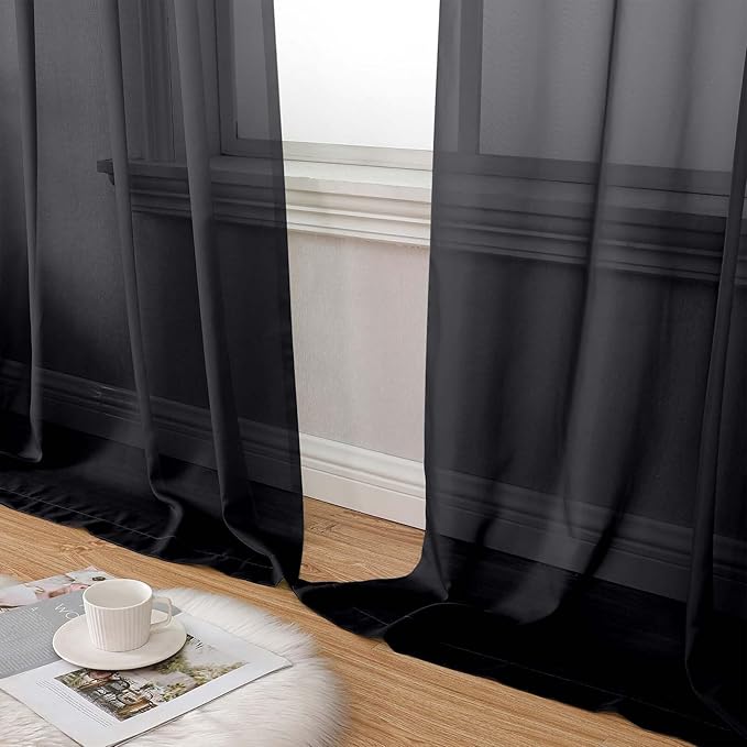 Black Sheer Curtains for Bedroom Living Room 96 Inches Long 2 Panels, Modern Airy Soft Lightweight Rod Pocket Light Filtering Sheer Curtains Drapes, Black, Each 59" Wx96 L Inch
