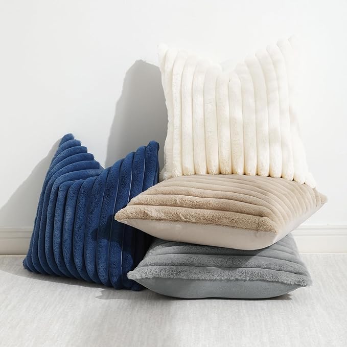 decorUhome Cozy Faux Fur Throw Pillow Covers 22x22 Set of 2 Decorative Soft Plush Striped Modern Farmhouse Boho Couch Euro Sham Pillow Cases with Velvet Back for Sofa Bed Living Room, Grey