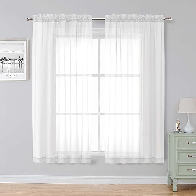 Simplebrand White Sheer Curtains, 63" Length, 2 Panels Set - Light Filtering, Rod Pocket Window Curtains for Bedroom (White, 59" W x 63" L)