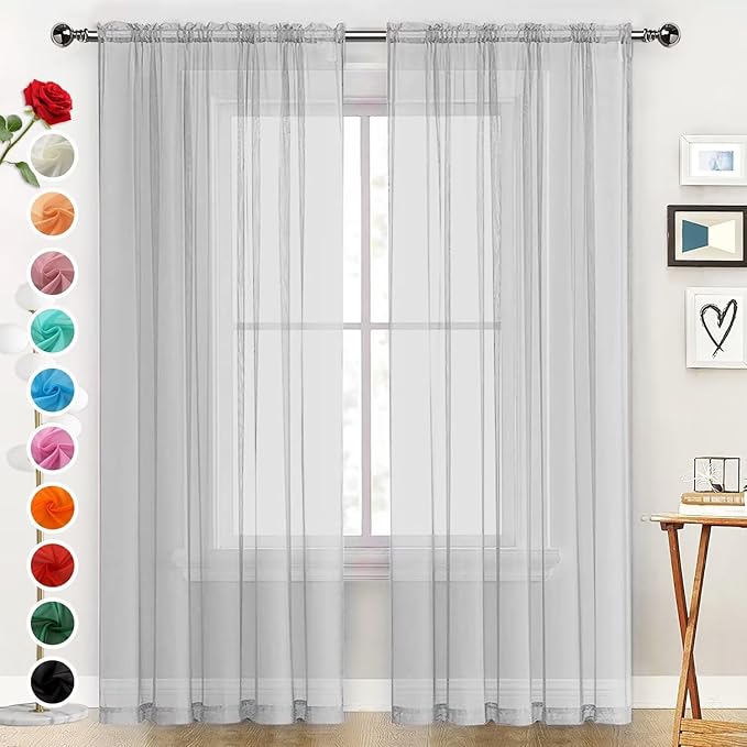SpaceDresser Basic Rod Pocket Sheer Voile Window Curtain Panels Silver Grey 1 Pair 2 Panels 52 Width 45 Inch Long for Kitchen Bedroom Children Living Room Yard（Silver Grey, 52W x 45L）