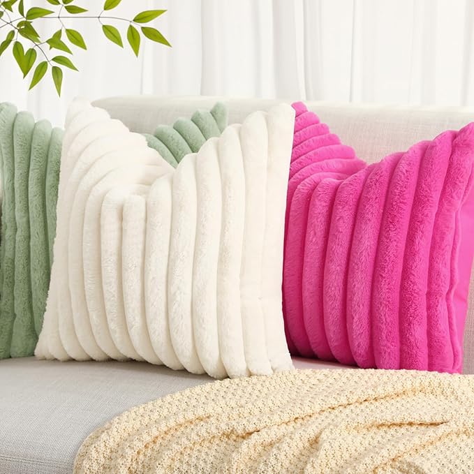 decorUhome Summer Cozy Faux Fur Throw Pillow Covers 16x16 Set of 2 Decorative Soft Plush Striped Modern Farmhouse Boho Couch Pillow Cases with Velvet Back for Sofa Bed Living Room, Hot Pink