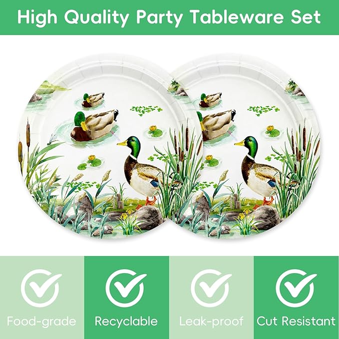 40Pcs One Lucky Duck Birthday Decorations Hunting Party Decor Mallard Duck Baby Shower Decorations Birthday Paper Plates and Napkins Set Party Supplies for 20 Guests