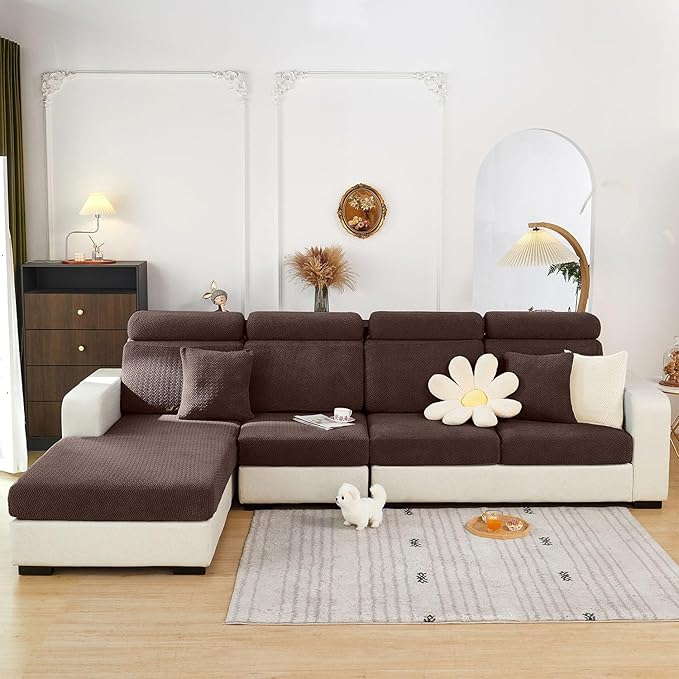Sofa Covers Couch Covers for Sofa Pet Friendly Couch Cushion Covers Universal Sofa Covers Washable Stretch Slipcovers for Sectional Sofa (Texture Brown, 2 Seats + Chaise Cover)