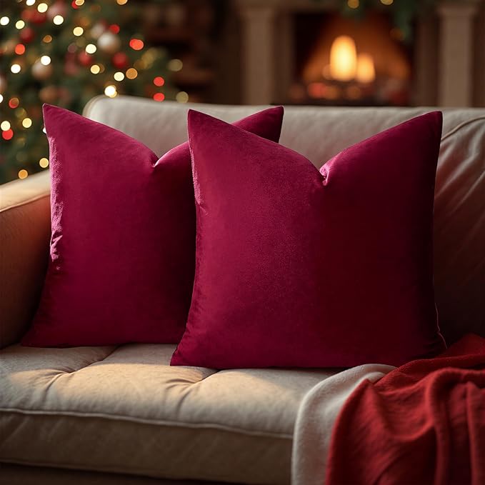 GIGIZAZA Burgundy Pillow Covers 24x24: Pack of 2 Throw Pillows Soft Solid Covers - Velvet Decorative Couch Big Cushion Covers Used for Chrismas Room Decor,Living Room,Bedroom,Sofa