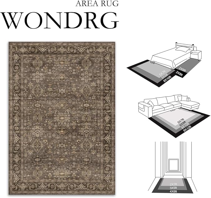 2x10 Washable Runner Rug for Hallway Kitchen Vintage Brown Non Slip Low Pile Carpet Traditional Retro Soft Throw Rug for Bathroom Bedroom Entryway Indoor Entrance