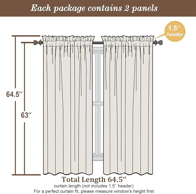 Chyhomenyc Sheer Curtains 63 Inch Length 2 Panels Set - Light Filtering Rod Pocket Window Curtain Treatment Drapes for Bedroom Living Room, 42Wx63L Inch, Light Yellow