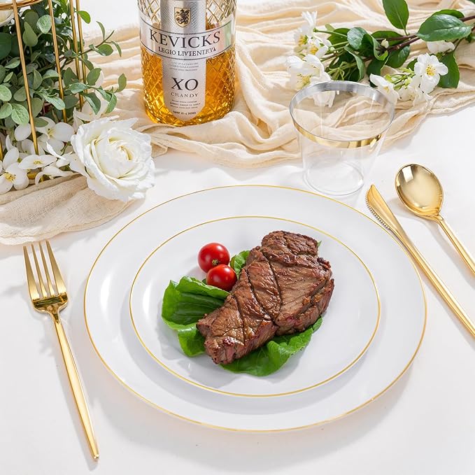 bUCLA 150PCS White and Gold Plastic Plates Disposable - 25 Guests Gold Dinnerware Set - Include 25 Each (Dinner & Dessert) Plates, 25 Knives, 25 Forks, 25 Spoons & 25 Cups for Party