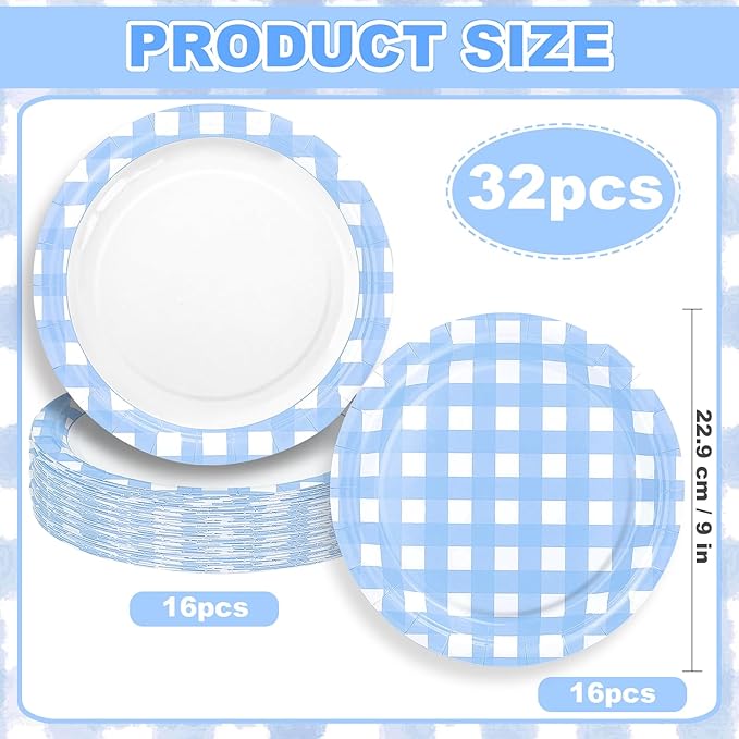 32 Pcs Blue Gingham Party Plates - 9 Inch Checkered Plaid Dessert Plates Disposable Blue and White Paper Plate - For Picnic BBQ Birthday Dinner Party Supplies