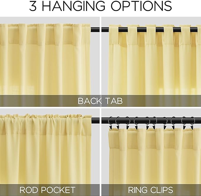 Yellow Linen Textured 96 Inch Curtains 2 Panel Set Back Tab Rod Pocket Sheer Light Filtering Boho Room Decor Aesthetic Curtain Burlap Look Curtain Drapes for Living Room Bedroom 8Ft 52x96 Inch