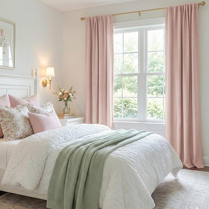 100% Blackout Shield Light Pink Linen Blackout Curtains for Bedroom 96 Inches Long, Back Tab/Rod Pocket Living Room Drapes, Thermal Insulated Blackout Curtains 2 Panels Set, 50" W x 96" L