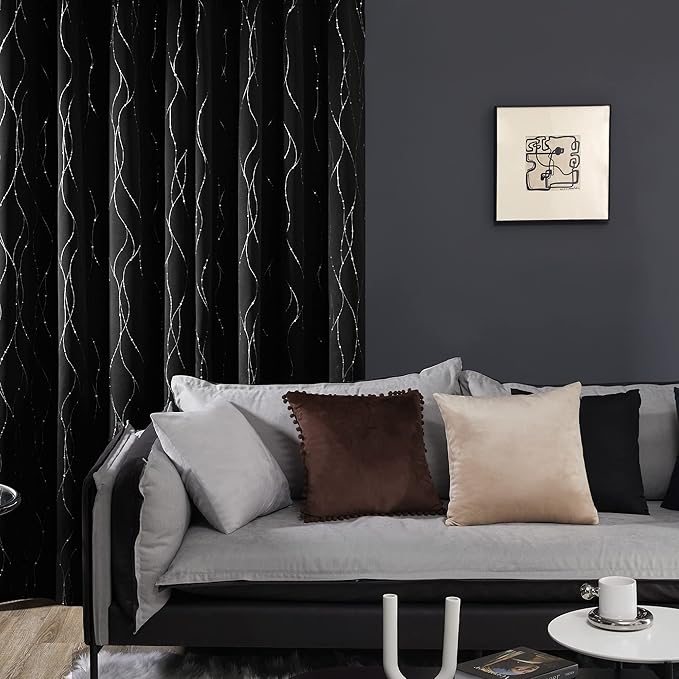 Deconovo Short Blackout Curtains, Black Drapes, Thermal Insulated Soundproof Grommet Curtain, Wave Line Dot Foil Print, 52 x 45 Inch, 2 Panels, Machine Washable Window Panel for Small Windows Kitchen