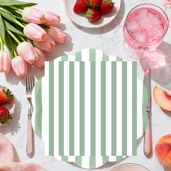 50PCS Sage Green Striped Paper Plates and Napkins Party Supplies, Green and White Scalloped Party Plates and Napkins Tableware Set for Birthday Bridal & Baby Shower Wedding Party Decoration