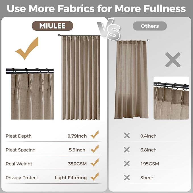 MIULEE Pinch Pleated Thick Linen Curtains 108 Inches Length 2 Panels for Living Room Bedroom, Extra Long Pinch Pleat Drapes Back Tab Light Filtering Grey Beige Foor to Ceiling Curtains with Hooks