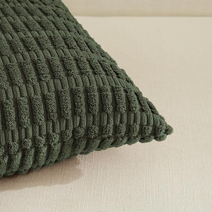 Fancy Homi 4 Packs Boho Olive Green Decorative Throw Pillow Covers 16x24 Inch for Couch Bed Sofa, Rustic Modern Farmhouse Home Decor, Soft Plush Corduroy Cute Square Cushion Case 40x60 cm