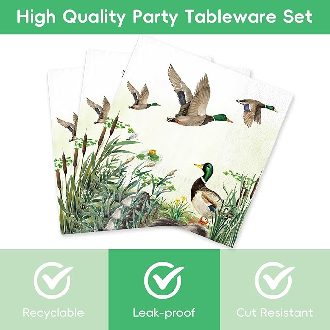 40Pcs One Lucky Duck Birthday Decorations Hunting Party Decor Mallard Duck Baby Shower Decorations Birthday Paper Plates and Napkins Set Party Supplies for 20 Guests