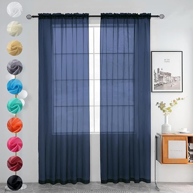 youleyar Solid Sheer Rod Pocket Curtain Voile Draperies 2 Panels White Beige Black Grey Coffee 52 Inch Width 63 Inch Long 1 Pair for Kitchen Bedroom Children Living Room Yard (Navy,52Wｘ63L)