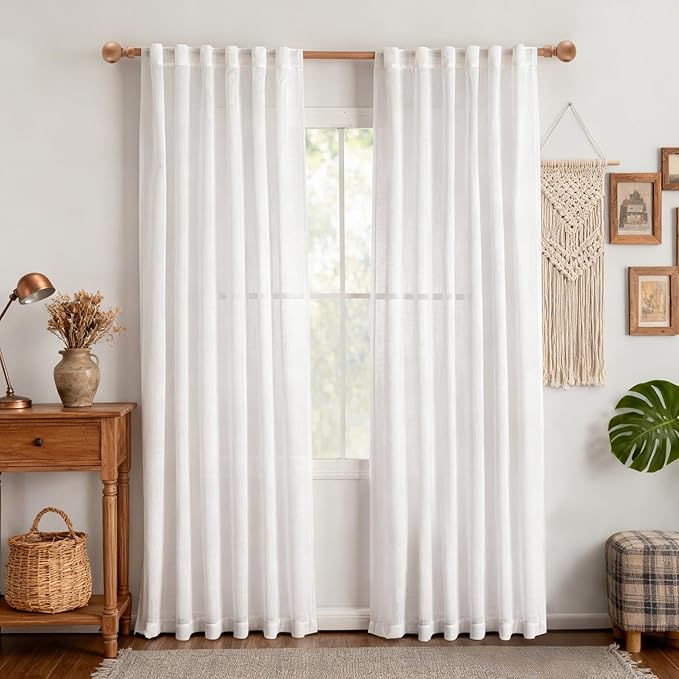 MYSKY HOME Patio White Curtains for Sliding Door 90 inch Length 2 Panels Set, Living Room Curtains & Drapes Soft Cotton Farmhouse Window Treatments Linen Look Semi Sheer Draperies, 50" W x 90" L