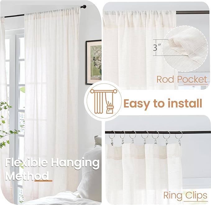 BGment Linen Curtains for Living Room 84 Inch Length, Semi Sheer Lightweight Rustic Country Window Drapes Textured for Bedroom Farmhouse Dining Room Decor Rod Pocket, 2 Panels Set, Each 38 Inch Wide