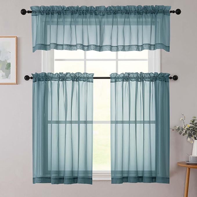 Kitchen Curtains 24 Inch Length Tier 2 Pieces, Dusty Blue Sheer Curtain Solid Soft Sheer Short Curtains for Windows, Cafe Bathroom Basement Rod Pocket Drapes, Dusty Blue, Each 42"Wx24"L Inch
