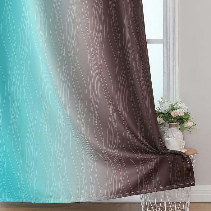 Estelar Textiler Brown and Teal Room Darkening Blackout Curtains 84 Inch Length 2 Panels Set for Living Room, Thermal Insulated Ombre Light Blocking Grommet Blackout Drapes for Bedroom, 42Wx84L
