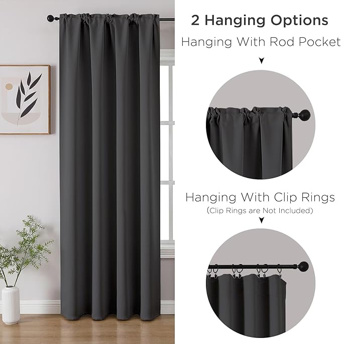 CUCRAF Dark Grey Blackout Curtains 108 inch Length 2 Panels Set, Rod Pocket Room Darkening Drapes for Bedroom Living Room, Insulated Thermal Light Blocking Window Curtain (W52 x L108 Inch)