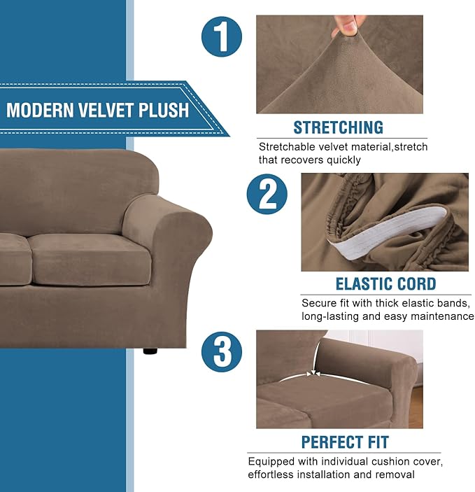 H.VERSAILTEX Real Velvet Plush 3 Piece Stretch Sofa Covers Couch Covers for 2 Cushion Couch Loveseat Covers Width Up to 72 Inch Feature Thick Soft Stay in Place (Medium Sofa, Mocha)