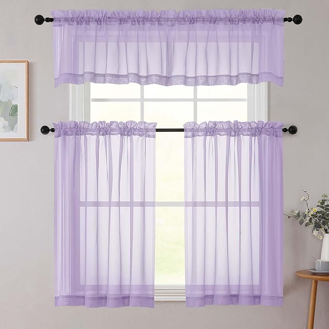 Lavender Valances for Windows, Lavender Sheer Curtains 14 Inch Length 2 Pack Kitchen Drapes, Modern Solid Mini Small Window Curtains for Cafe Bathroom Basement, 42" Wx14 L Inches