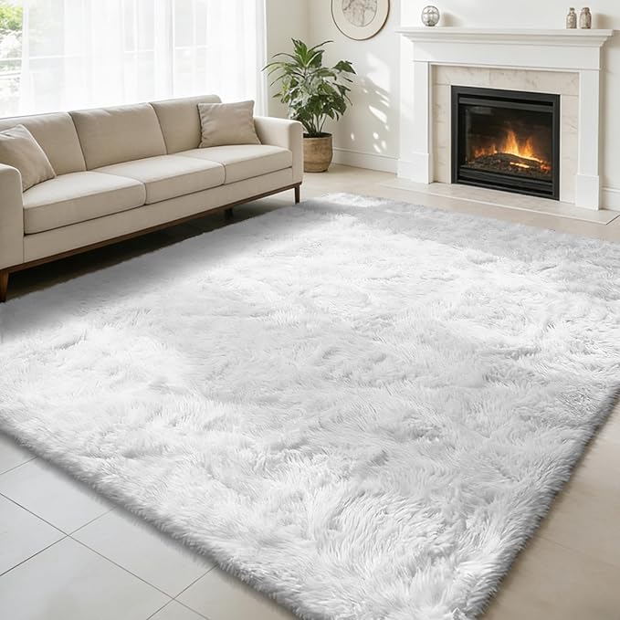 9x12 Fluffy Area Rugs for Living Room,Large White Fuzzy Shag Area Rug for Bedroom,Soft Non-Shedding Indoor Plush Carpet for Kids Bedroom Nursery Home Decor