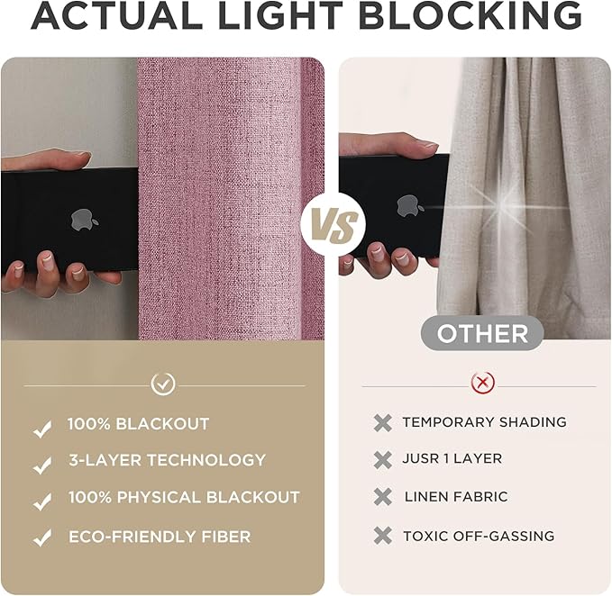 Joydeco Blackout Curtains for Bedroom - 100% Light Blocking 2 Panels Set Pink Drapes 37" W x 108" L, Thermal Insulated Room Darkening Curtains, Linen Textured for Living Room, Rod Pocket & Back Tabs