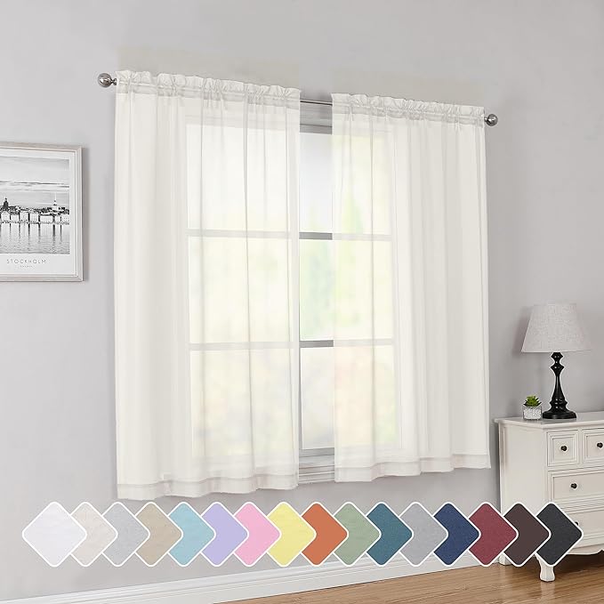 Simplebrand Rod Pocket Top Solid Voile Sheer Curtains for Bedroom, 54 Inch Length Drapes Set of 2, Lightweight and Light Filtering Elegant Ivory Curtains Panels Window Treatment, 42W×54L, Ivory