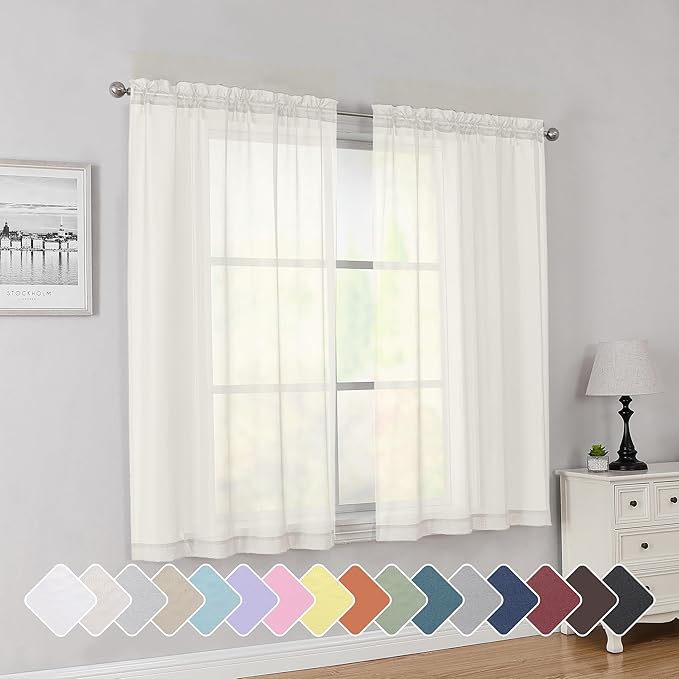 Simplebrand Ivory Short Sheer Curtains 45 Inch Length for Small Windows, Rod Pocket 2 Panels Set Solid Voile Drapes Window Sheer Curtains for Bedroom Bathroom Kids Room Kitchen, 42x45 Inch, Ivory