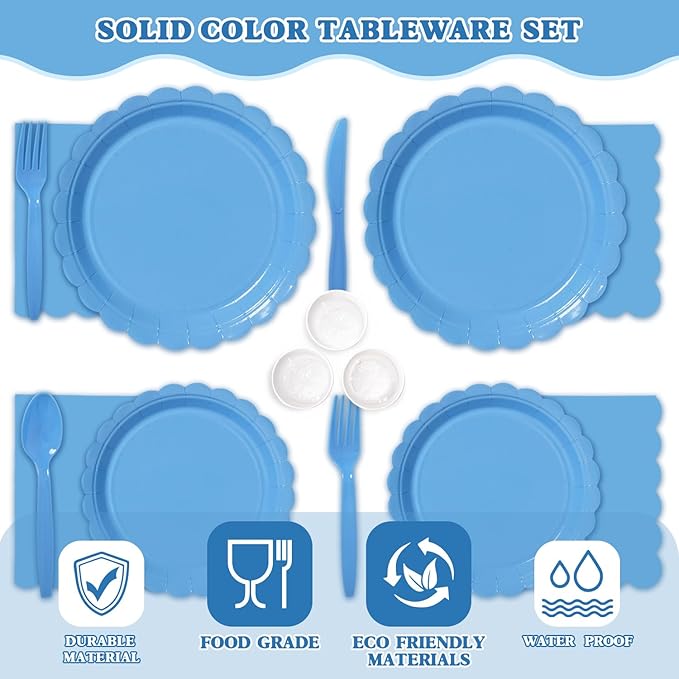 Vyntra 350 PCS Disposable Plates for Party, Paper Plates & Napkins Set with Cups, Knives, Forks, Spoons, 7'' Dessert and 9'' Dinner Plates for Birthday, Graduation, 4th of July - Blue