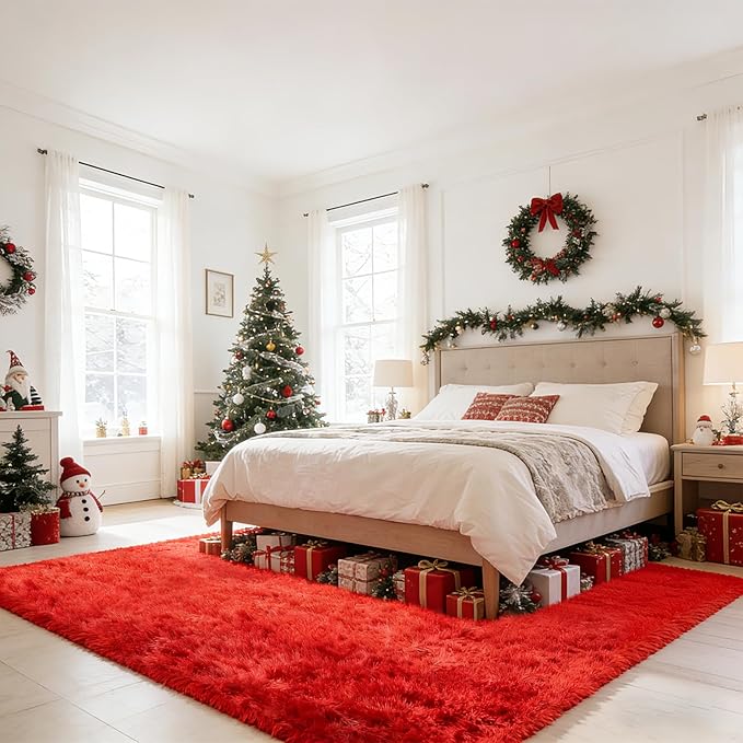 Red Shag Area Rugs for Bedroom Living Room,Ultra Soft Fluffy Christmas Area Rugs 9x12 for Dorm,Indoor Carpet Nursery Rugs for Kids Girls Room Home Decor (Red, 9X12 Feet)