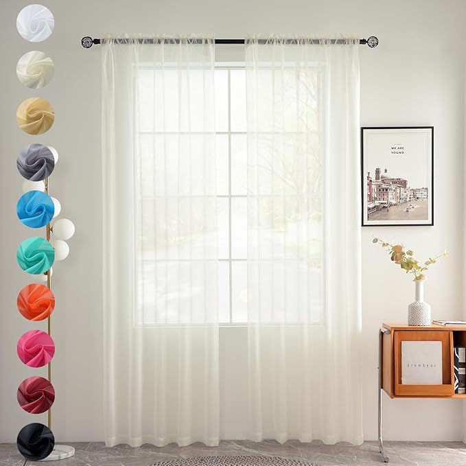 youleyar Solid Sheer Rod Pocket Curtain Voile Draperies 2 Panels White Beige Black Grey Coffee 70 Inch Width 84 Inch Long 1 Pair for Kitchen Bedroom Children Living Room Yard(Ivory,70Wｘ84L)