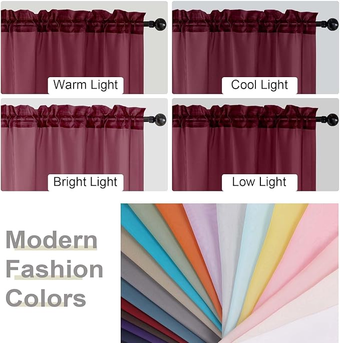 Burgundy Valances for Windows, Burgundy Sheer Curtains 14 Inch Length 2 Pack Kitchen Drapes, Modern Solid Mini Small Window Curtains for Cafe Bathroom Basement, 42" Wx14 L Inches