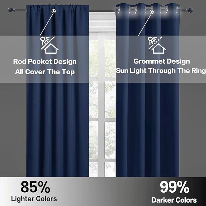 RYB HOME Short Blackout Curtains for Small Window, Sunmmer Heat Light Blocking Privacy Protection Curtains for Sunroom Laundry Room Stair Window, Width 52 by Length 36, Navy Blue, Set of 2