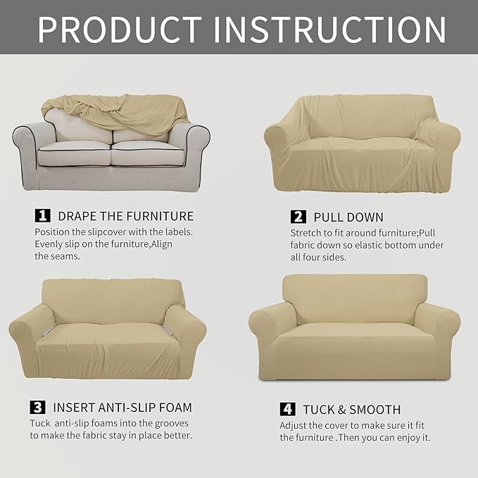 Easy-Going Stretch Loveseat Slipcover 1-Piece Sofa Cover Furniture Protector Couch Soft with Elastic Bottom for Kids Polyester Spandex Jacquard Fabric Small Checks (Loveseat, Beige)