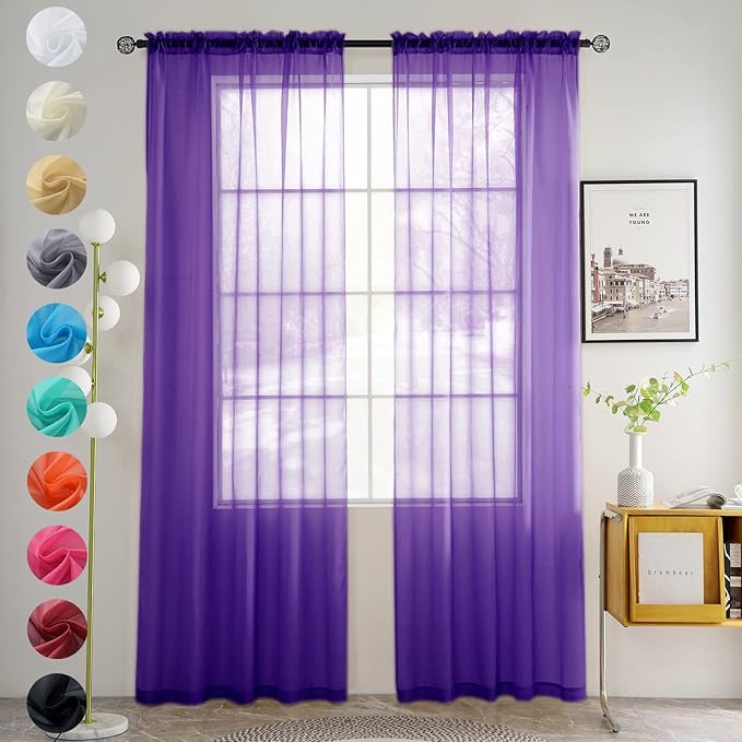youleyar Solid Sheer Rod Pocket Curtain Voile Draperies 2 Panels White Beige Black Grey Coffee 52 Inch Width 45 Inch Long 1 Pair for Kitchen Bedroom Children Living Room Yard (Purple,52Wｘ45L)
